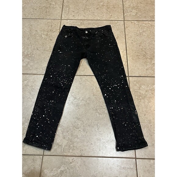 Vintage Qruel Jeans Mens 38x28 Black Paint Splattered Design Straight Leg - Picture 1 of 6